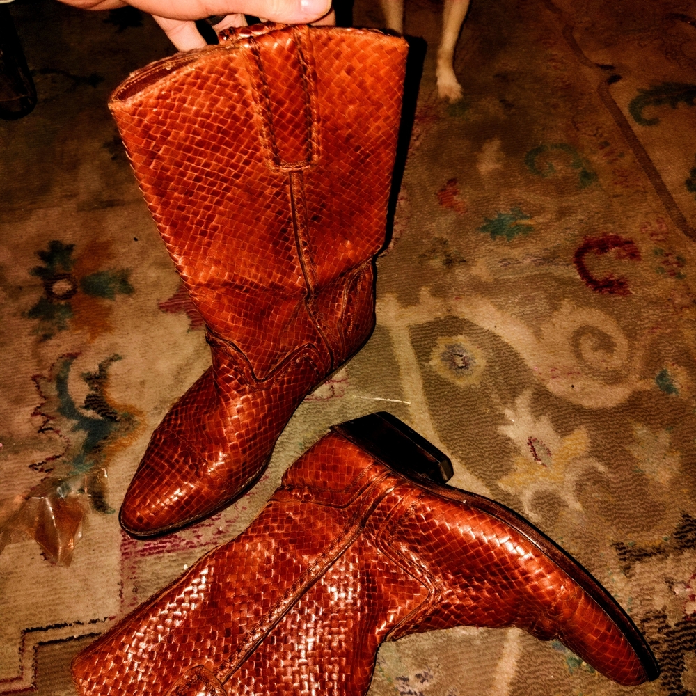 Woven Leather Mid-Calf Heeled Boots in Chestnut Brown